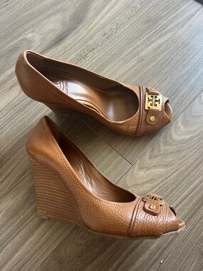 Tory Burch Brown Leather Peep-Toe Wedge Heels with Gold Logo